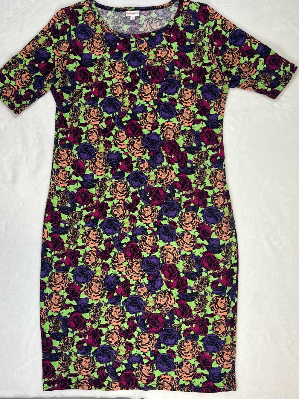 LuLaRoe Julia Fitted Dress Mid Length Sleeve Multi Color Floral Print Sz L